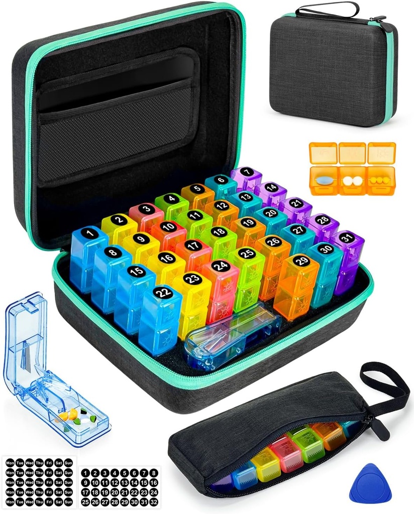 Organizador mensual de píldoras 3 veces al día, con cascabel portátil, cargador de píldoras, caja de 31 días, toma de apertura de plástico, pegatinas mensuales y semanales, manejo de medicamentos convenientes (3 veces al día)