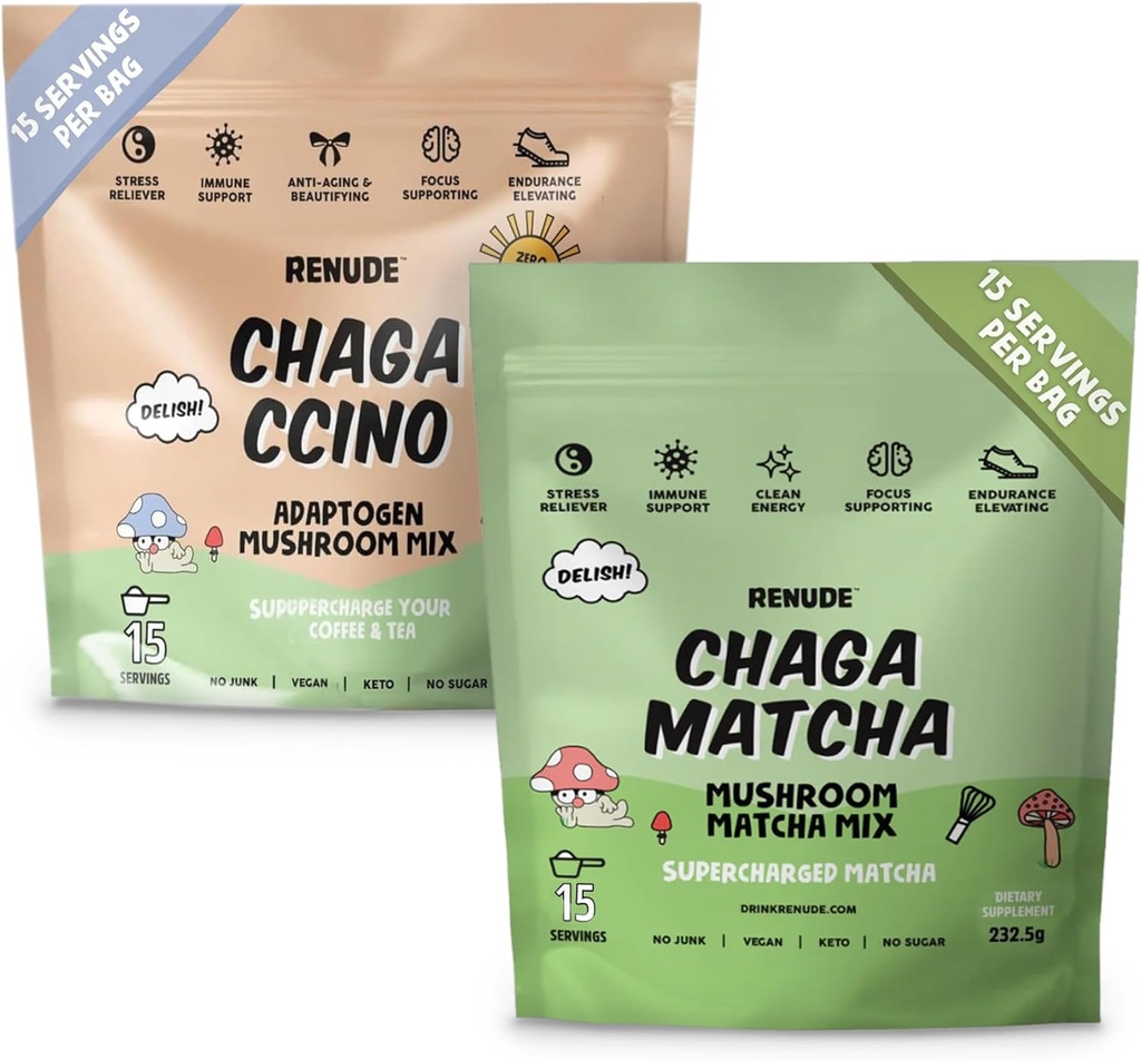Renude Chaga Matcha y Chagaccino - Chaga Mushroom Powder for Coffee and Matcha, Mushroom Drink Mix with Adaptogens, Natural Energy and Immune Support, Vegan, Keto - 15 Servings Every