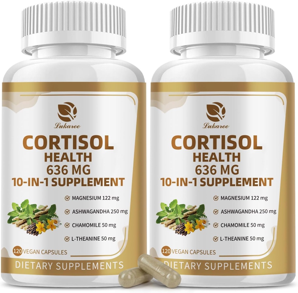 Suplementos de 10-IN-1 Cortisol con Magnesio, Ashwagandha, Chamomile, L-Theanine, Phosphatidylserine, la hierba de San Juan, Astragalus, Vitamina C & D3, Para Mujeres Hombres, 240 cápsulas Veganas durante 4 meses, No GMO