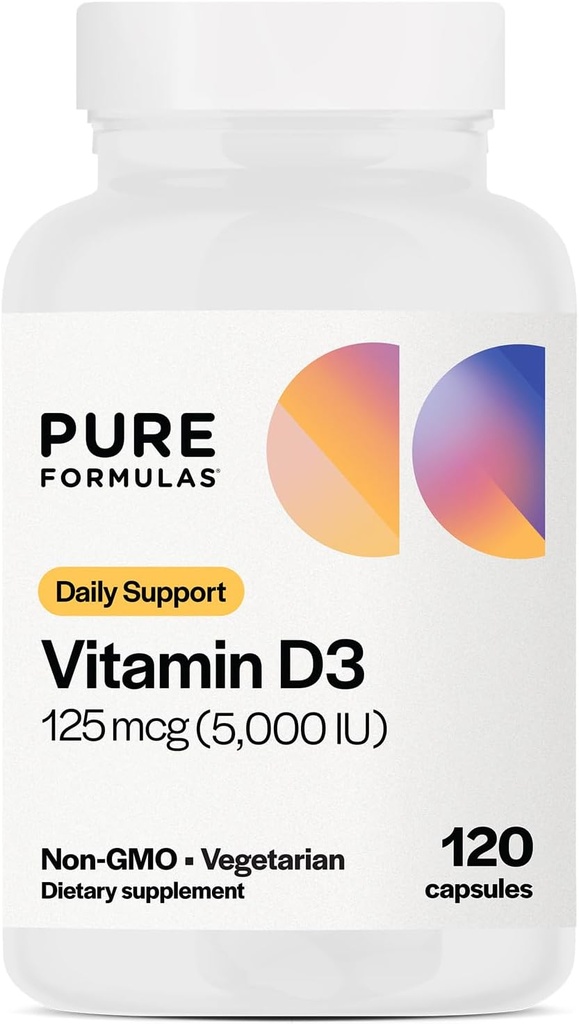 PureFormulas Vitamin D3 5,000 IU 125 mcg - Pure Vitamin D Supplement for Healthy Bone Formation, Teeth, Cardiovascular Health, and Immune Support Non-GMO - 120 Count Vegetarian Capsules