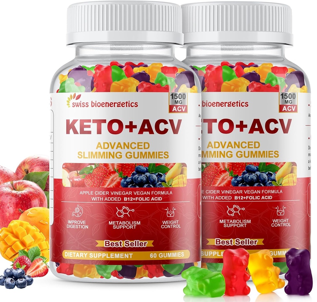 (2 Pack) Keto Apple Cider Vinegar Gummies, Keto ACV Gummy Diet Supplement, Advanced 1500mg ACV Gummies with Folate, B12,B6 y Keto Support for Women Men, Gelatin- Free, Vegan &amp; Non-GMO (Multi-Flavor)