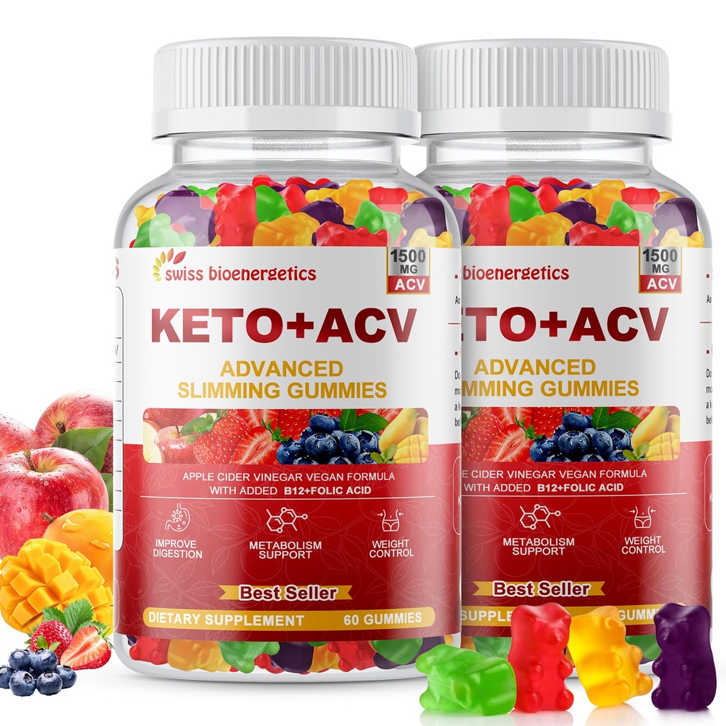 (2 Pack) Keto Apple Cider Vinegar Gummies, Keto ACV Gummy Diet Supplement, Advanced 1500mg ACV Gummies with Folate, B12,B6 y Keto Support for Women Men, Gelatin- Free, Vegan &amp; Non-GMO (Multi-Flavor)