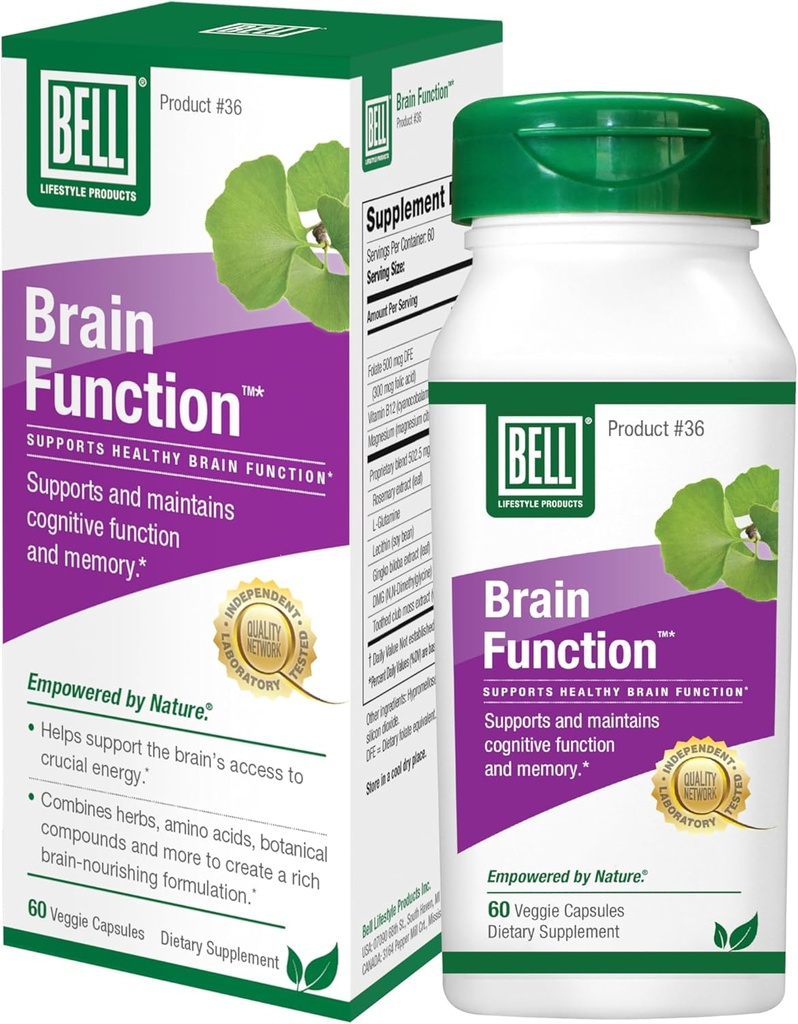 Bell Brain Function Lifestyle, soporta la salud cognitiva con Ginkgo, Vitamina B12, Folate - 60 cápsulas vegetarianas