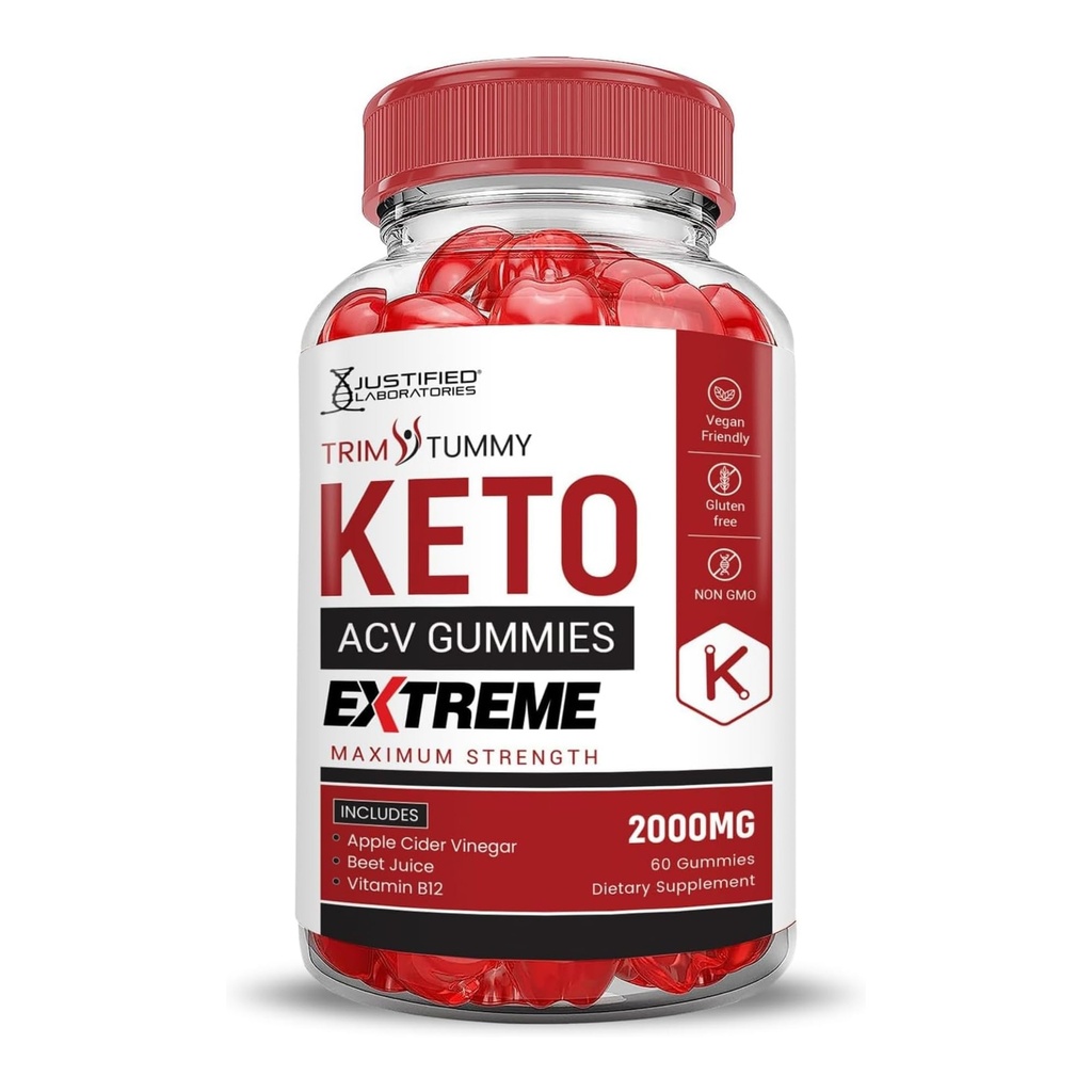 Justified Laboratories Trim Tummy Keto ACV Gummies Extreme 2000MG Trim Tummy Keto Gummies Apple Cider Vinegar Formulado con Pomegranate Beet Juice Powder B12 Vegan Non GMO 60 Gummys