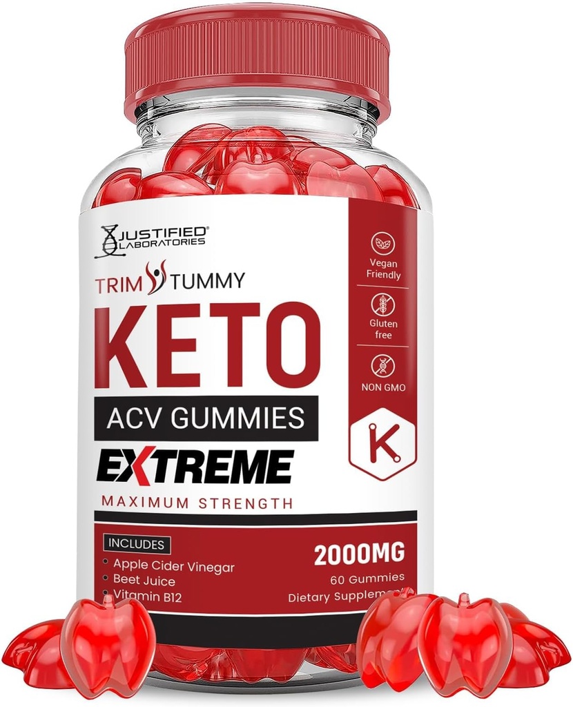 Justified Laboratories Trim Tummy Keto ACV Gummies Extreme 2000MG Trim Tummy Keto Gummies Apple Cider Vinegar Formulado con Pomegranate Beet Juice Powder B12 Vegan Non GMO 60 Gummys