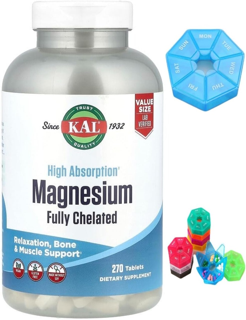 Hecho para KAL, Magnesio, Fully Chelated, Alta Absorción, 270 Tabletas + 1 Mini Caja de Pill para 7 Días