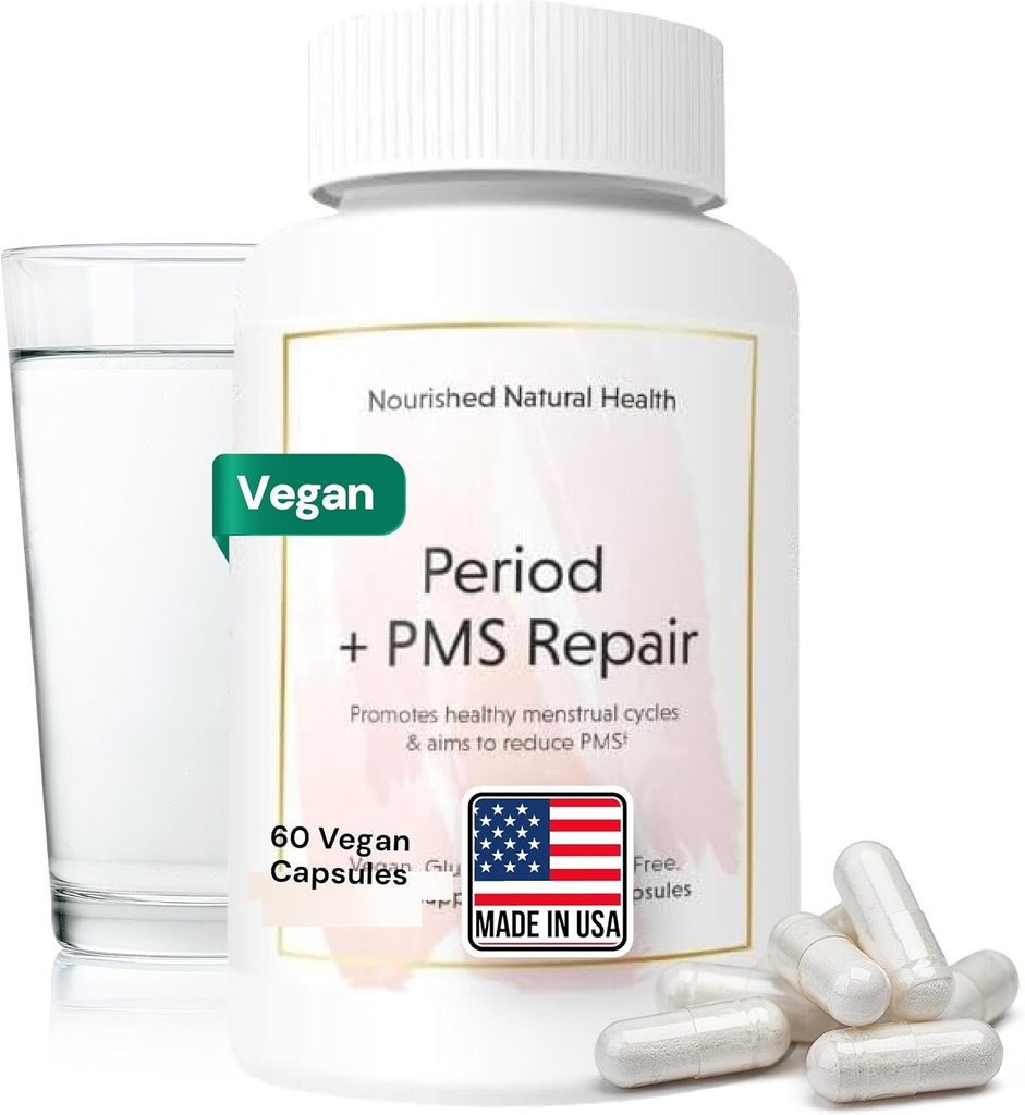Período Nourshed + PMS Reparación - Ciclo Menstrual Soporte Suplemento para Mujeres - Fórmula Vegana para Ciclos Mensuales, Coño, Modo, Dolores de Cabeza - 60 cápsulas