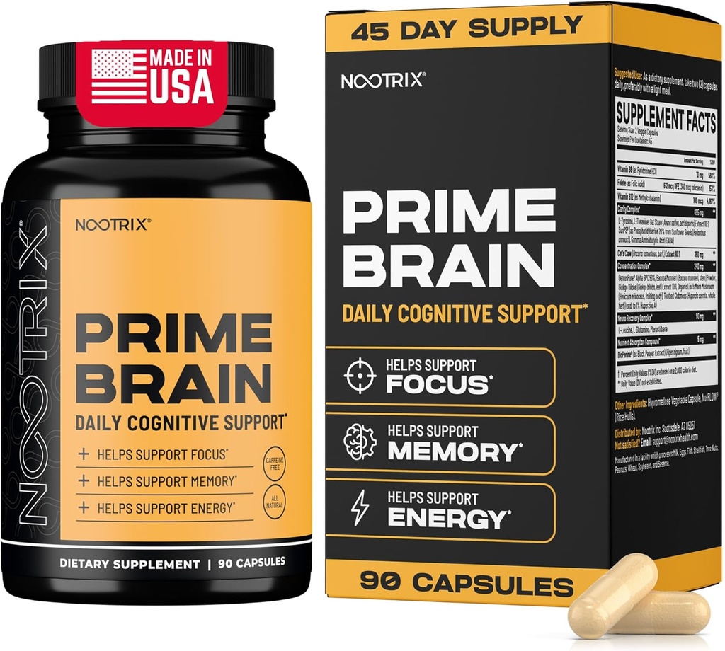 Nootrix Prime Brain Nootropic Suplemento  Apoya Memoria, Enfoque mental, Salud cognitiva &amp; Energía ← Mood saludable &amp; Brain Function ← Ginkgo Biloba, Lion's Mane & L Theanine TEN 90 Capsules