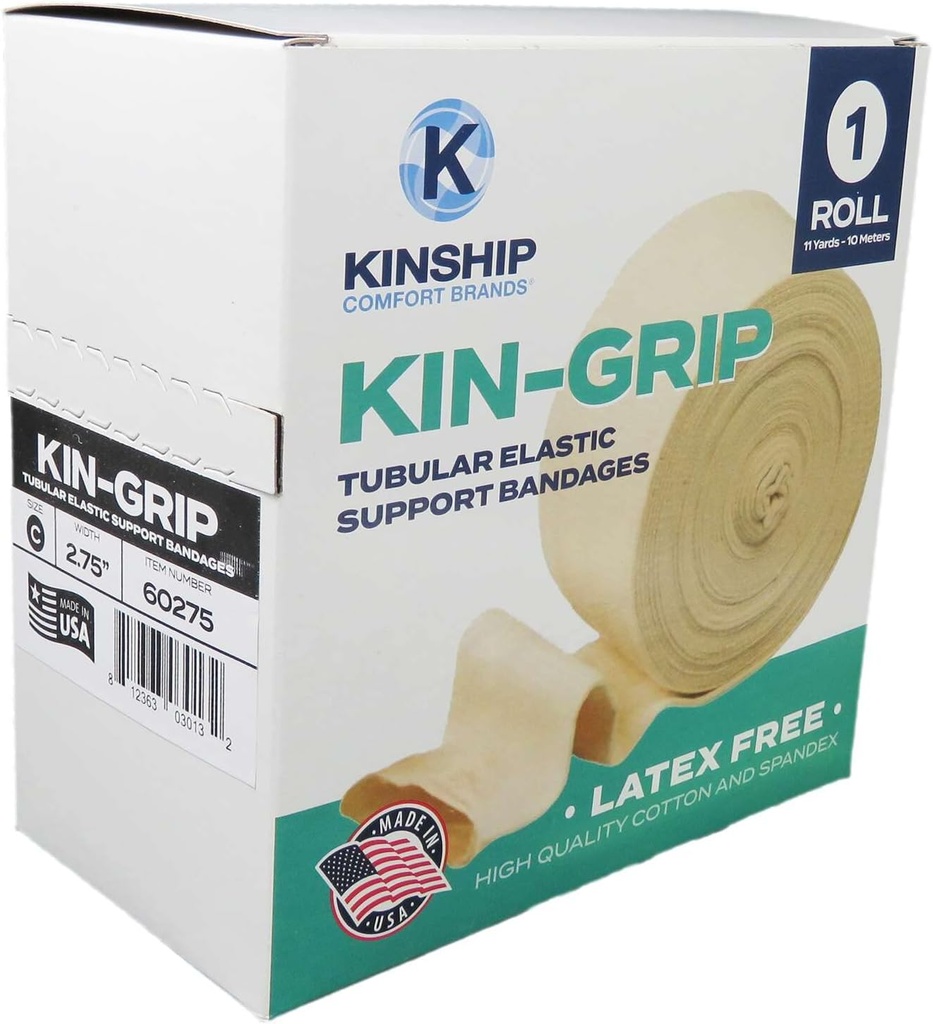 KinGrip Tubular Elastic Support Bandages by Kinship Comfort Marcas Tubular Bandage Protects Fragile Skin Latex-Free Wound Care for Edema and Lymphedema Support ← Made in USA ← Tamaño C 2.75”x10 MTR