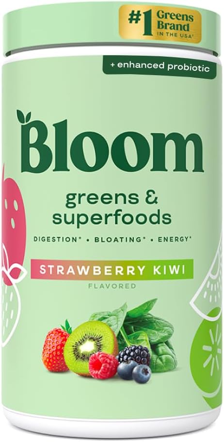 Bloom Nutrition Superfood Greens Powder, Enzymes Digestivos con Probióticos y Prebióticos, Gut Health, Bloating Relief for Women, Chlorella, Green Juice Mix w Beet Root Powder, 60 SVG, Strawberry Kiwi