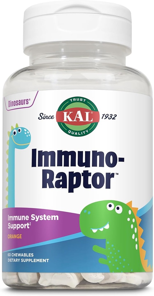 KAL ImmunoRaptor Kids Immune Support Chewables, Vitamina C y Zinc for Healthy Cell Function, Dinosaur Shaped, Orange Flavor, Gluten, Lactose y Peanut-Free, Sweetened with Xylitol, 60 Servings