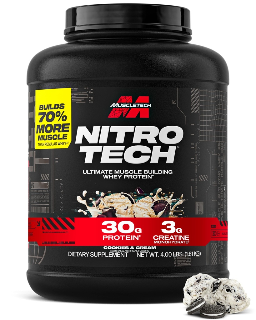 Muscletech Whey Protein Powder (Cookies &amp; Cream, 4 Pound) - Nitro-Tech Ultimate Muscle Building Formula with Whey Protein Isolate - 30g of Protein, 3g of Creatine &amp; 6.8g of BCAA - Packaging May Vary