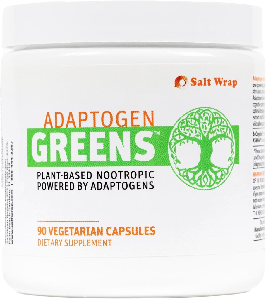 SaltWrap Adaptogen Greens - Mind-Body Resilience Formula - Caffeine-Free Nootropic for Stress, Focus, and Cognitive Performance - 90 cápsulas