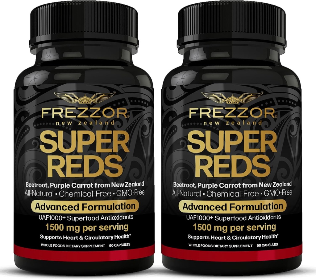 FREZZOR Super Reds Capsules con UAF1000+, All-Natural New Zealand Red Superfood Energy, Essential Red Fruits Veggies & Beets, Antioxidants, Enzymes, Energy Supplements, 180 Capsules, 2 Bottles