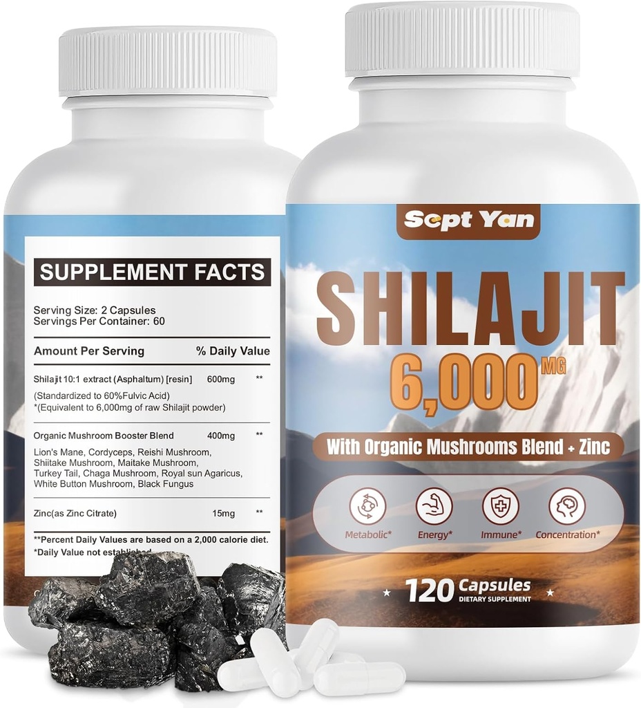 Shilajit Himalayan Capsules - Puro Himalayan Suplemento Orgánico con Setas Blend, Zinc - 2 Mes de Suministro para la Fuerza, La resistencia, Cerebro &amp; Salud Inmunitaria - Shilajit para Hombres 120 Conde Vegan