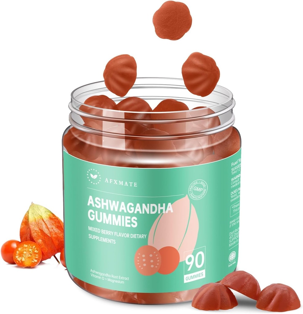 AFXMATE Ashwagandha Gummies for Women Sugar Gratis, Ashwagandha Suplemento Gummy con Magnesium Vegan (90 Condes)
