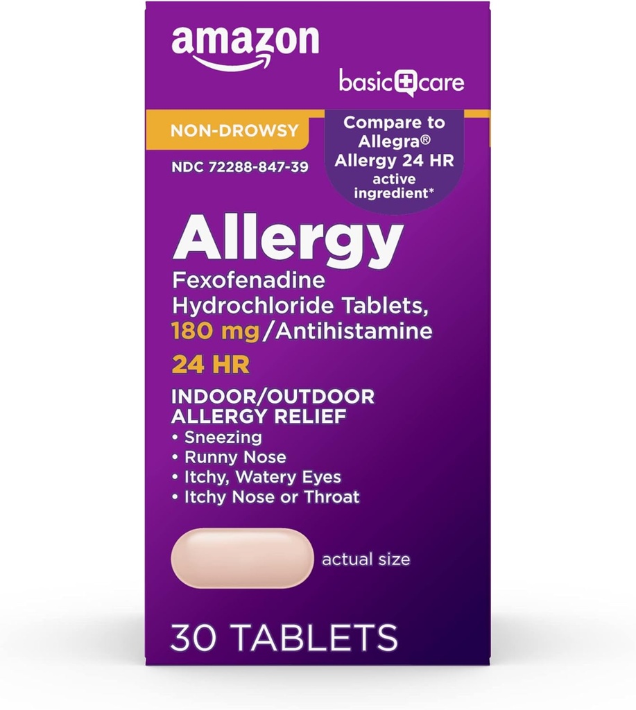 Atención básica Alivio de Alergia todo el día, Tablas de Hidrocloruro de Fexofenadina, 180 mg, Antihistamínico, No-Drowsy, Relieve de 24 horas, 30 Conde