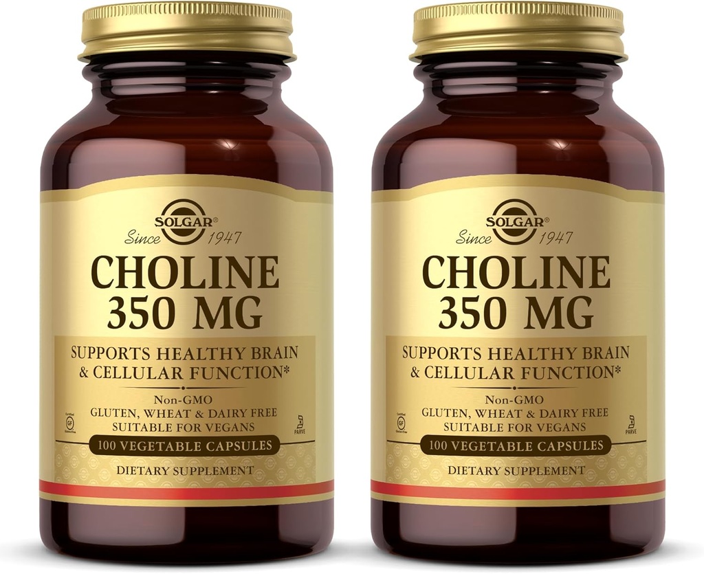 Solgar Choline 350 mg - 100 Vegetable Capsules, Pack of 2 - Non-GMO, Vegan, Kosher - 200 Total Servings