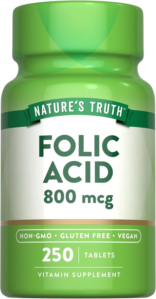 Verdad de la naturaleza Ácido fólico TENIDO 800 mcg ANTE 250 Tablets TEN Vegan, No GMO &amp; Gluten Suplemento gratuito
