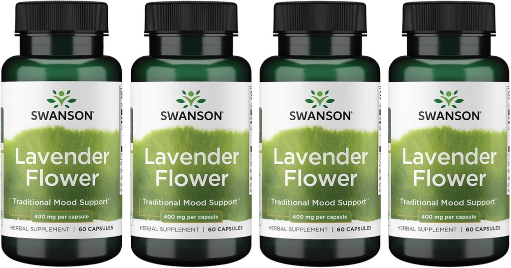 Swanson Lavender Flower - Suplemento Herbal Promoción Mood Apoyo Tradicional - Mayo Promover la relajación " Steady Nerves - (60 cápsulas, 400 mg cada uno) 4 Pack