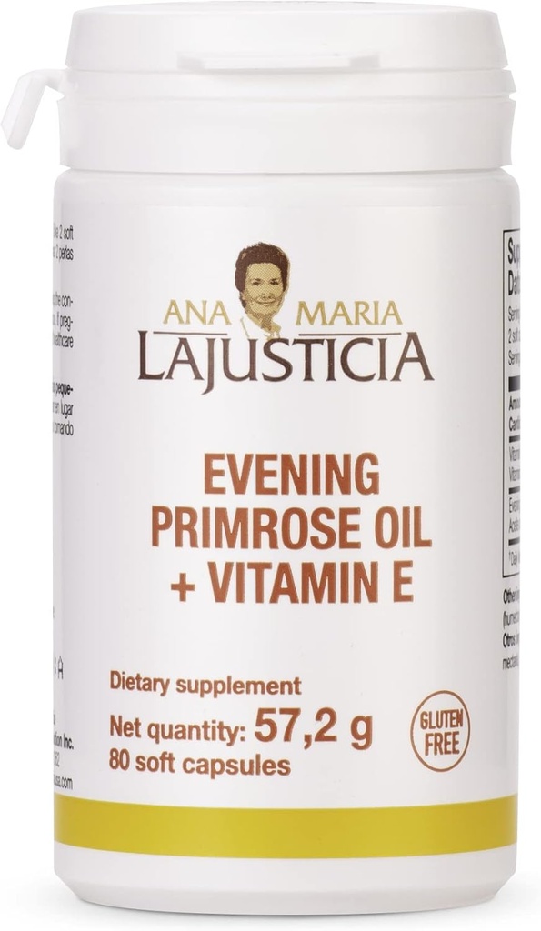 Ana Maria Lajusticia - Aceite Primero de la tarde + Vitamina E - 80 Soft Capsules Pack -1000mg. Gluten Gratis, Lactose Gratis y Sugar Gratis. Todo Natural.