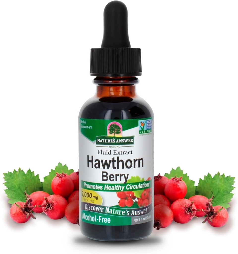 Respuesta de la naturaleza Hawthorn Berries ← Promueve la función de circulación saludable ¦ Ayuda a mantener los niveles saludables del colesterol viv Gluten-Free, Alcohol-Free, Kosher Certified " No Preservatives 1oz