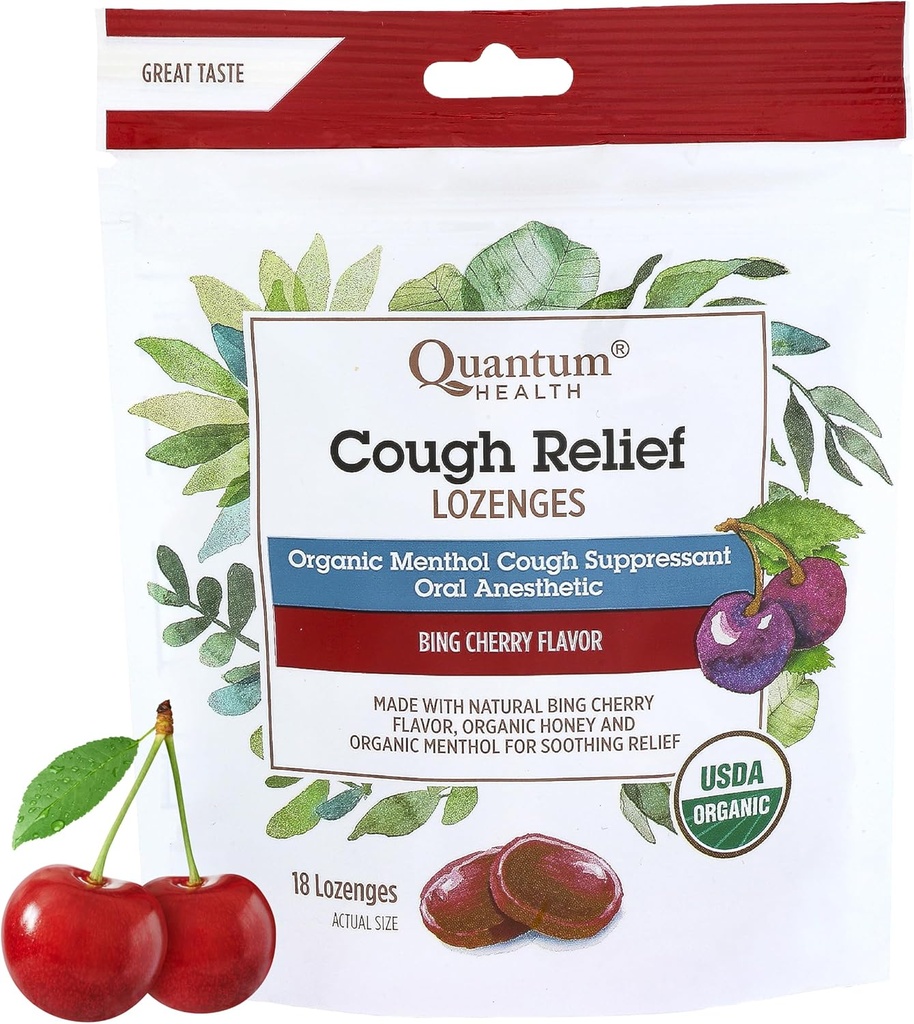 Quantum Health USDA Organic Cough Drops Menthol & Honey Throat Lozenges - Soothing Bing Cherry Flavored Suppressant - Dry Mouth & Sore Throat Relief for Adults & Kids - 18 Count