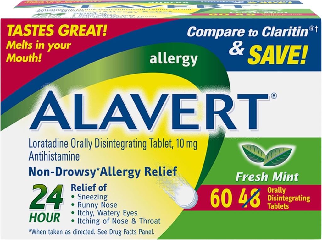 Alivio a la alergia 24 horas, Sabor de la menta fresca, Tablas de alergias desintegradas oralmente, Antihistamínico no somnoliento, Loratadine 10mg, 60 Conde