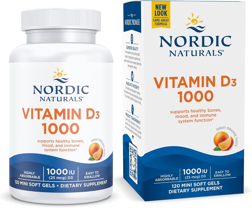 Naturales nórdicos Vitamina D3 1000, Naranja - 120 Mini geles suaves - 1000 UI Vitamina D3 - Soportes Huesos saludables, Mood &amp; Immune Función del sistema - No GMO - 120 Servimientos