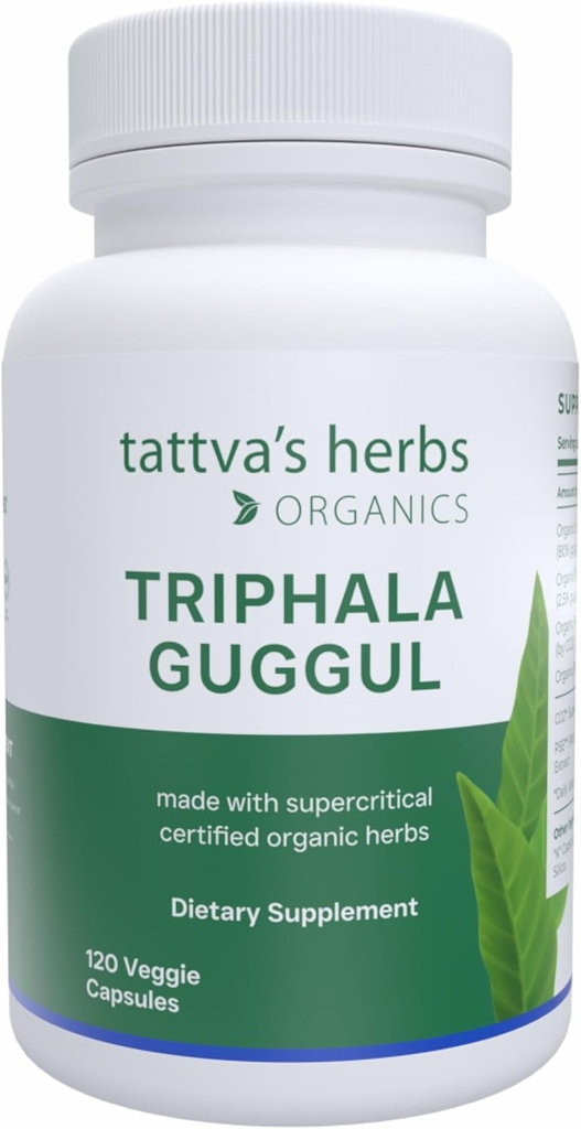 Tattva's Herbs Triphala Guggul Herbal Suplemento, Ayurveda Herbal Suplementos, Digestive Health and Support, Organic Triphala Capsules, 120 Conde, 25 Años de Servicio Premium
