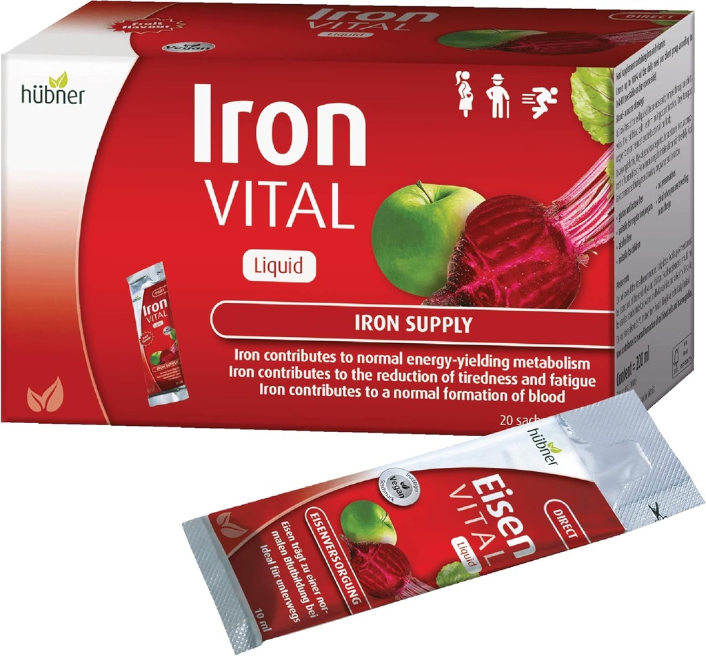 Hübner Iron Vital Liquid Iron Supply Plus Vitamina C, Suplemento dietético para adultos y niños, Vegan y sin gluten, Fruit Flavor, Caja de 20 Packets, 10 ml cada uno