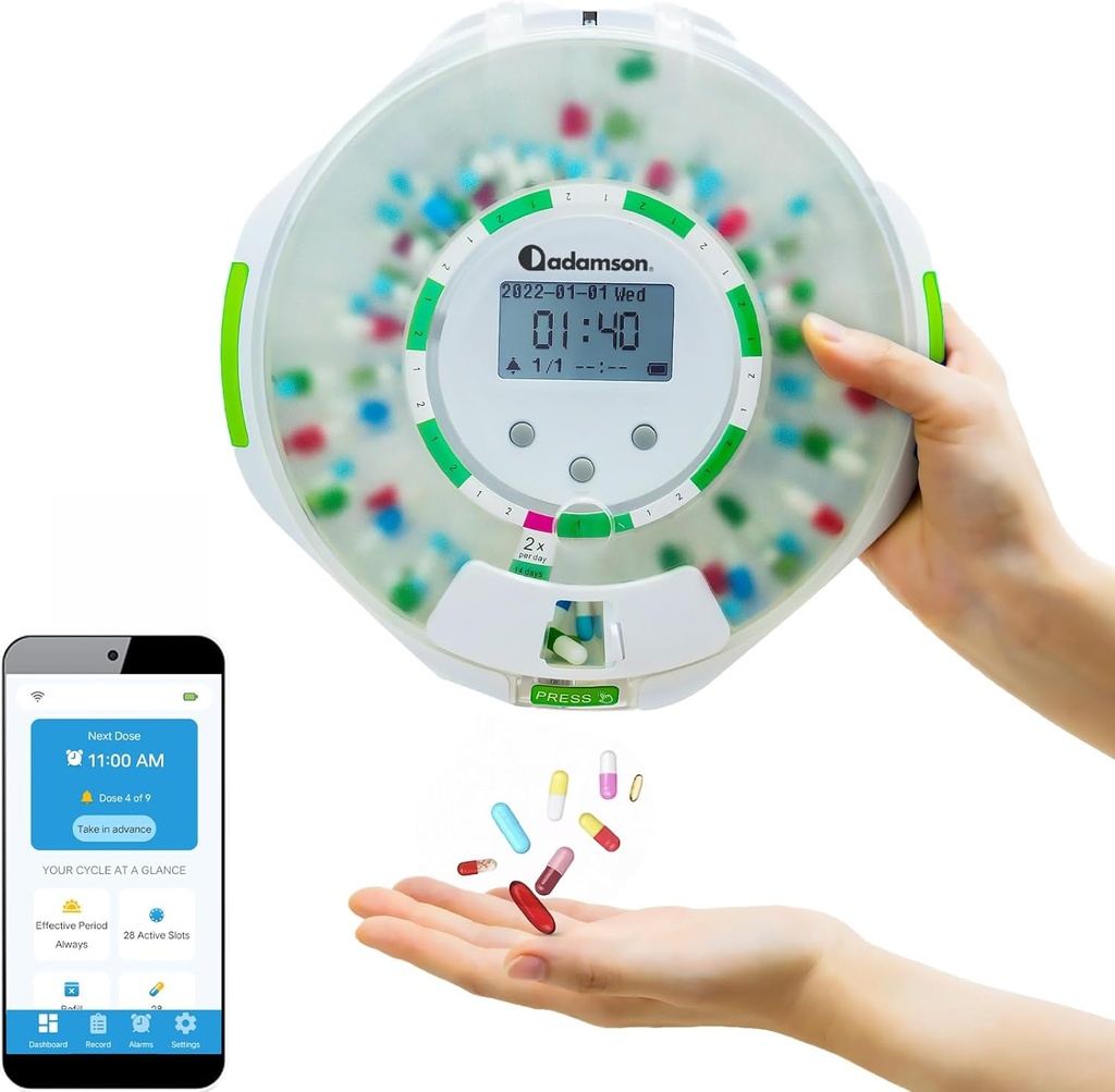 Adamson TimelyMed Smart Pill Dispenser Machine with Alarm + WiFi App Monitoring + 28 Day Medicine Dispenser + Dispensador automático de píldoras para ancianos con Alarma y Alzheimer Care + Lock Key + White Green