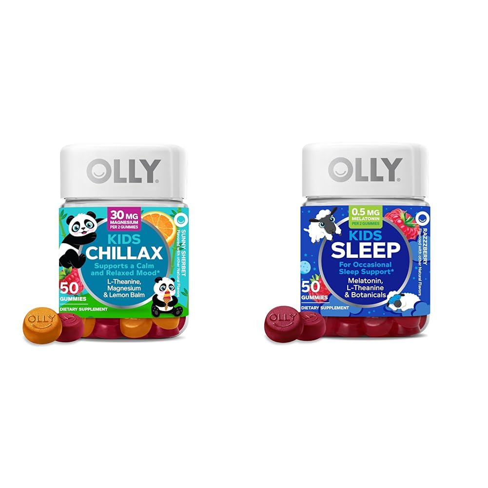 OLLY Kids Chillax Gummies L-Theanine Magnesium Lemon Balm 50 Conde &amp; Sleep Gummies 0.5mg Melatonin L Theanine Chamomile Lemon Balm 50 Conde