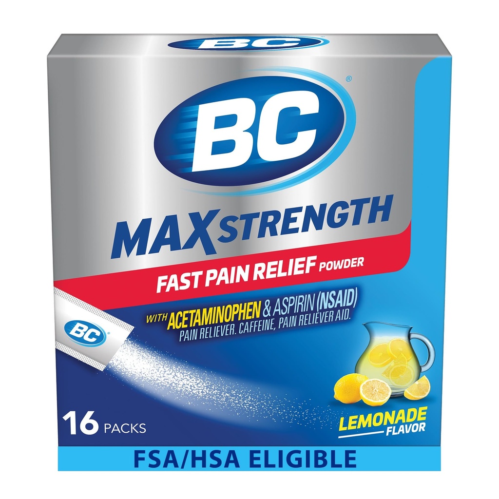 BC Max Strength Headache Relief Powder, Triple-Action Formula with Acetaminophen, Aspirin & Caffeine Eases Aches & Pains, Lemonade Flavor, 16 Count