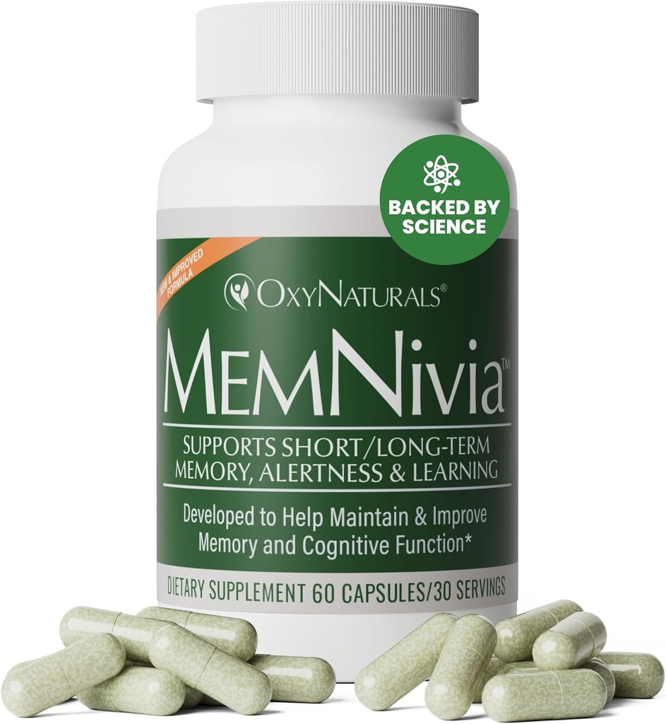 MemNivia Brain Supplements for Memory & Focus TENIDO Fórmula de células madre de doble sabio con Cognivia®, Bacopa, Holy Basil &amp; Ginger TEN Respuesta clínicamente Probada a la claridad mental mantenida 60 cápsulas (1 botella)