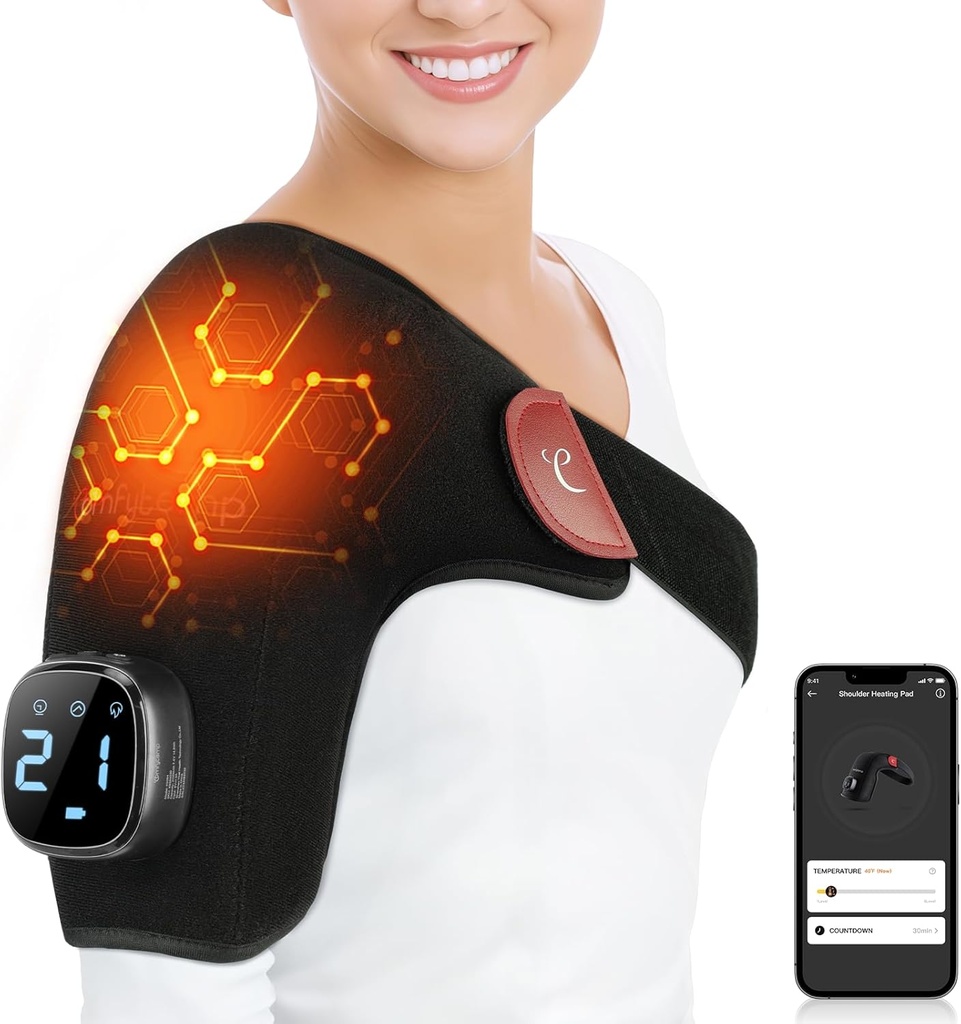 Comfytemp Empaquetador de calefacción sin cables para Rotator Cuff Alivio de dolor, Electric Heated Hoja de control de aplicaciones Wrap Wireless, Regalos para mamá papá, 9 Calor 10-30 Timers (No Masaje S/M)