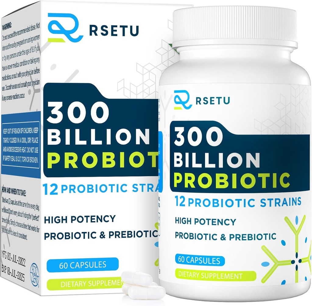 Probióticos para Mujeres Hombres: 300 Billones CFU Probiótico Alto Potencia + 12 Estrenos Probióticos orgánicos con Prebióticos, Suplemento Probiótico diario para Salud Digestiva, Gut, Inmune y Bloating, 60 cápsulas