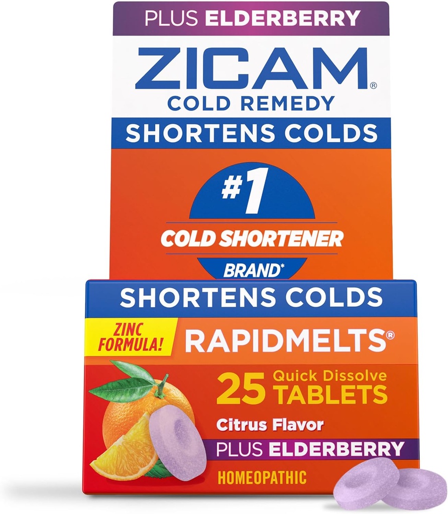 Zicam Cold Remedy Zinc RapidMelts, Elderberry Citrus Flavor, Homeopathic, Cold Shortening Medicine, Shortens Cold Duración, 25 Conde