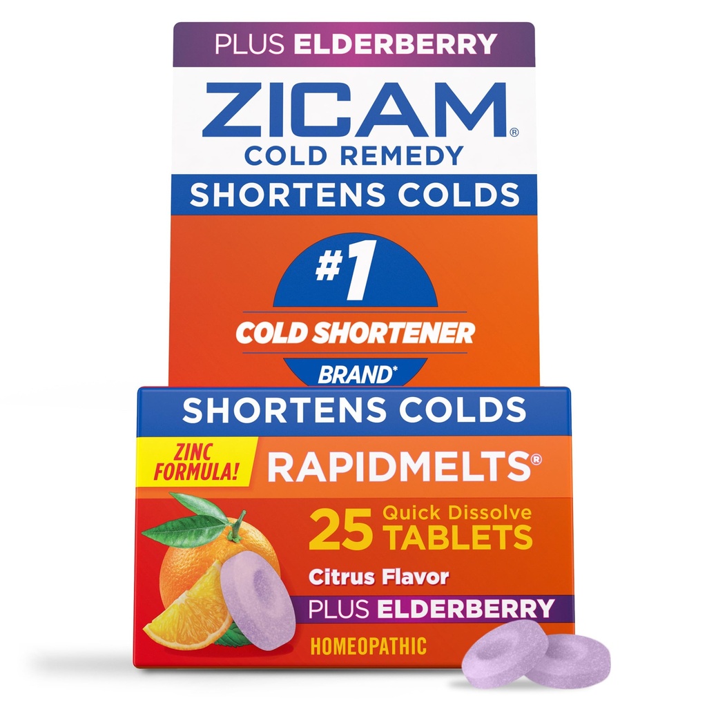 Zicam Cold Remedy Zinc RapidMelts, Elderberry Citrus Flavor, Homeopathic, Cold Shortening Medicine, Shortens Cold Duración, 25 Conde