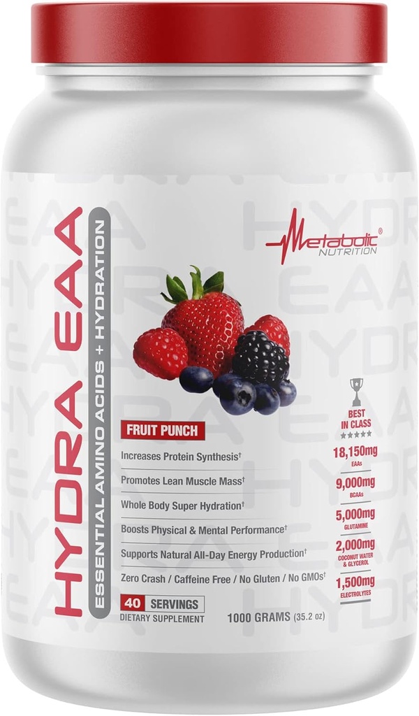 Nutrición metabólica Hydra EAA, 1000g de ácidos esenciales + hidratación, EAAs, BCAAs, Glutamina, Electorlytes, Agua de coco " Glicerol, Sabores Increíbles (Fruit Punch, 1000g)