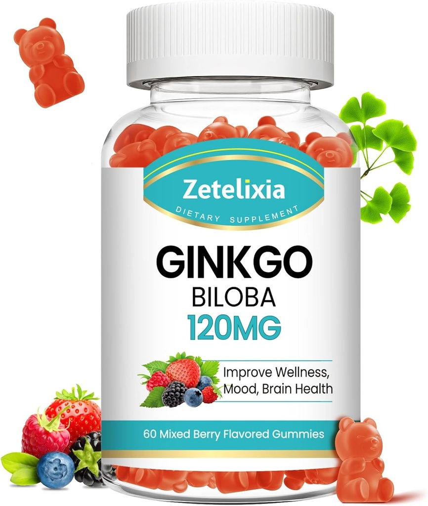 Ginkgo Biloba Gummies for Women and Men, Brain Supplement Mejor Mood and Focus, Vegan Mixed Berry Flavor 60 Count