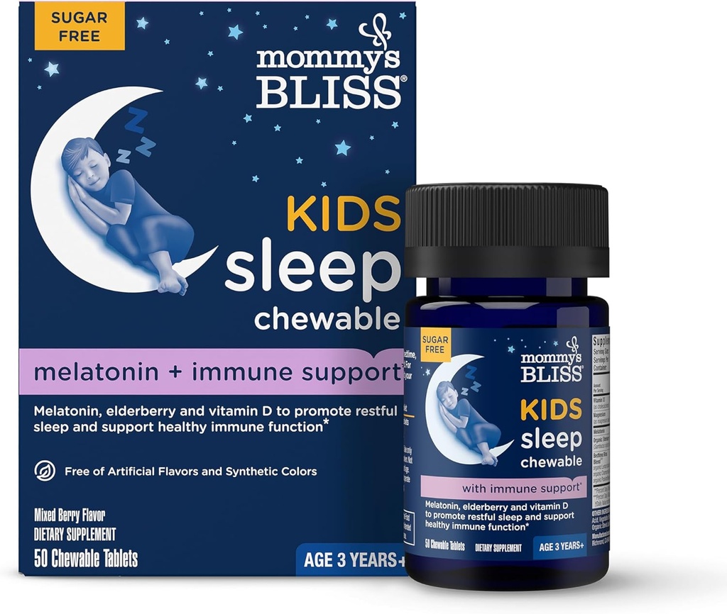 Mami's Bliss Kids Sleep + Immunity 1 mg Melatonin Chewable, Contiene Magnesio, Elderberry y Vitamina D, Sugar Gratis, 3 Años+, 1 Botella (50 Tabletas)