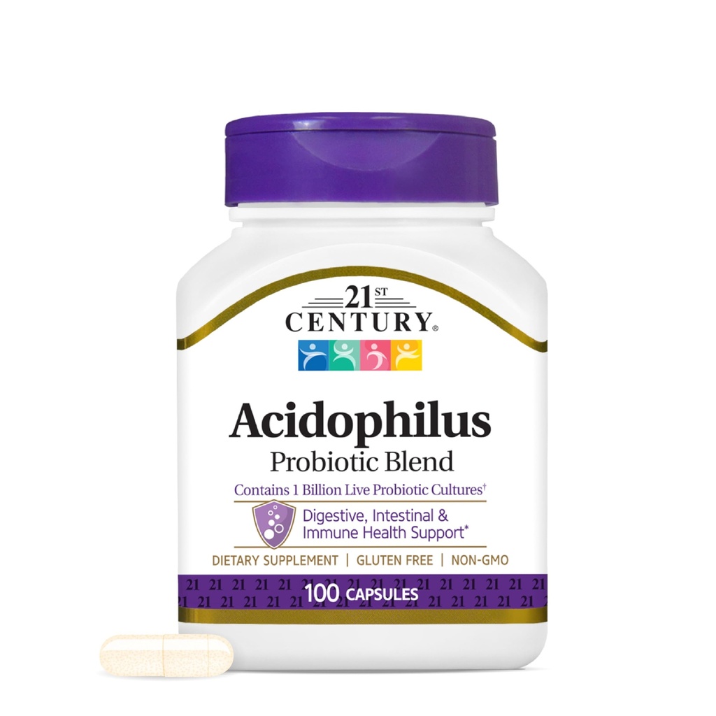 21st Century Acidophilus Probiotic Blend Capsules (100 Count), Daily Probiotic Supplement with Lactobacillus Acidophilus, Supports Digestive Health & Immune System, Non-GMO, Gluten-Free