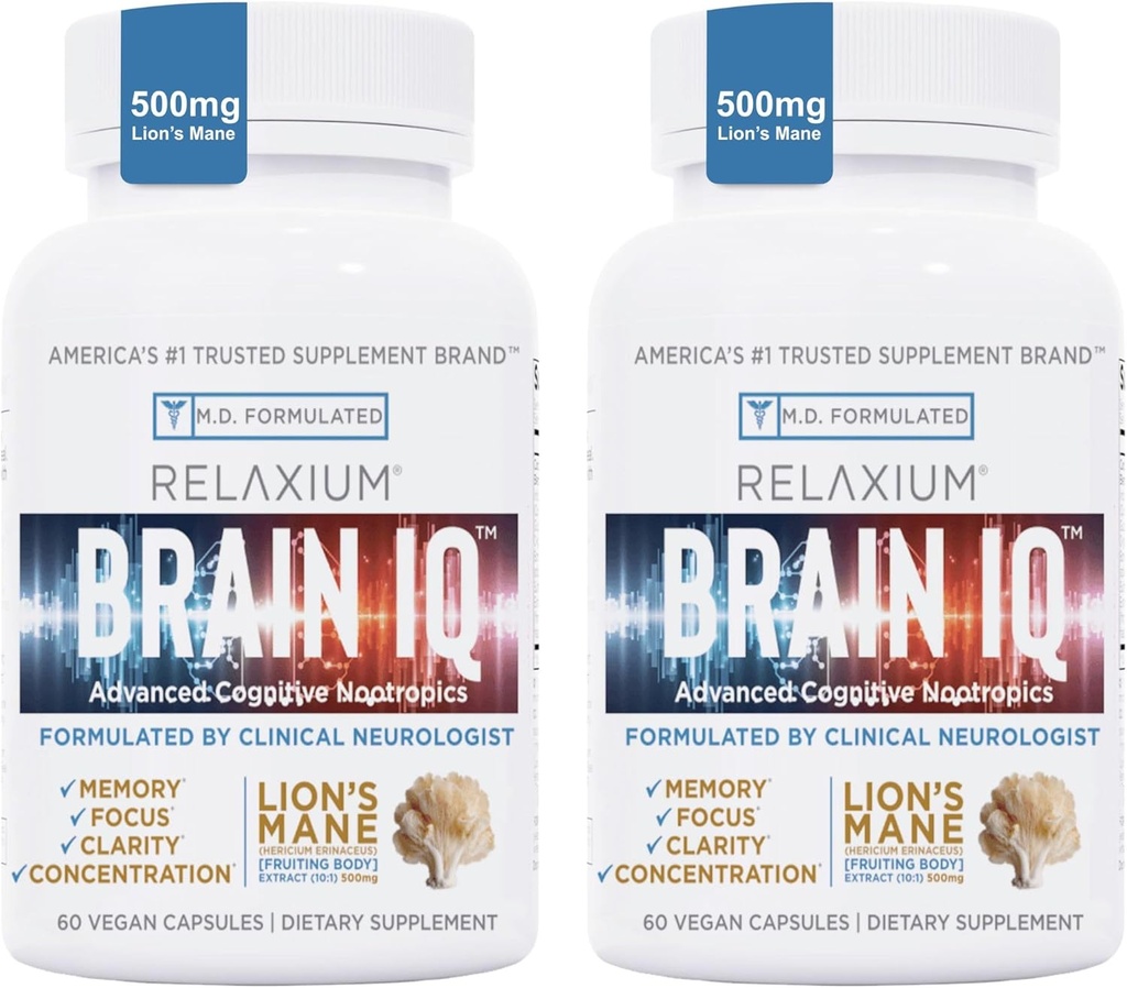 BrainIQ Suplementos cerebrales nootrópicos para la memoria y el foco ← Memoria Suplemento para la salud cerebral TENIDO Suplemento cognitivo &amp; Memory Pill con Mane de León, L-threonine &amp; Coffee Extract - 60 Conde (Pack of 2)
