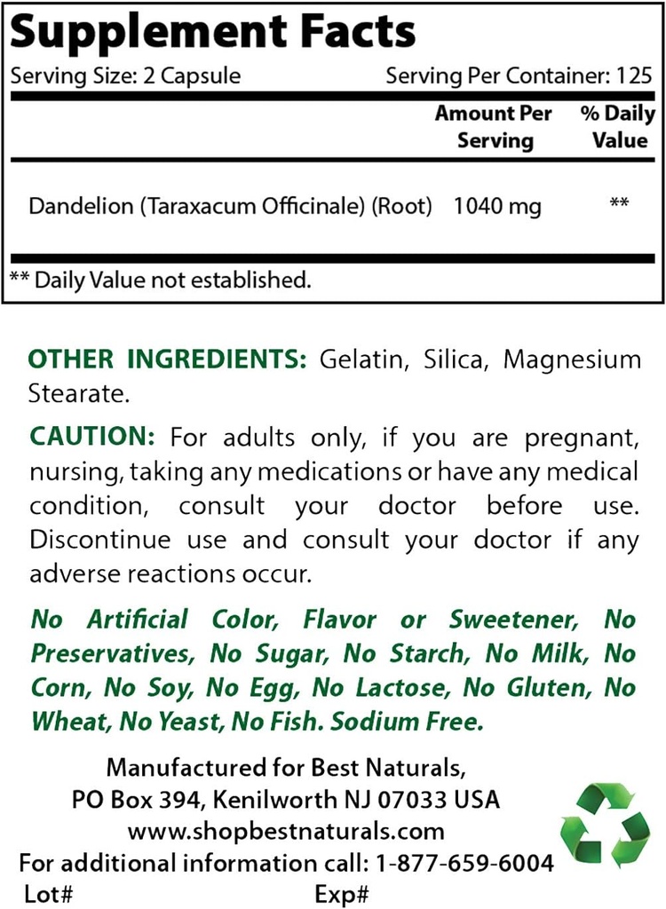 Mejor Naturales Dandelion Root 520 mg &amp; Magnesium Glycinate 425 mg