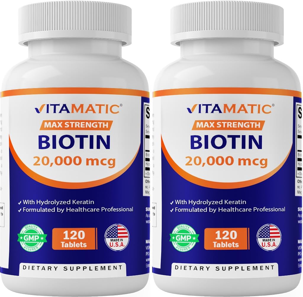 Vitamatic High Potency Biotin 20000 mcg (20mg) con Keratin 100mg - 120 Tabletas Vegetarianas - Suplementos de Biotina para la piel del cabello saludable &amp; uñas para adultos (120 Cuenta (Pack de 2))