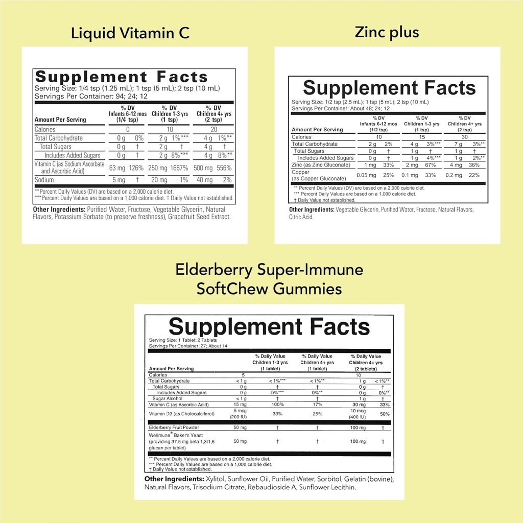 NILDLIFE ESSENTIALS Kids Immune Support Bundle - Liquid Vitamin C, Elderberry Gummies, y Liquid Zinc for Infants, Toddlers, and Children