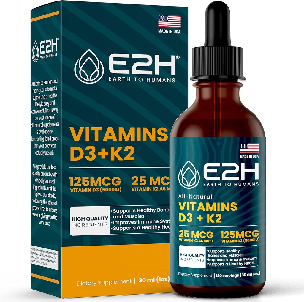 E2H Vitaminas D3 &amp; K2 Suplemento para soporte inmunitario - Vitamina líquida D3 5000 UI - Hecho en EE.UU. - No GMO, Vegan - 120 Servimientos