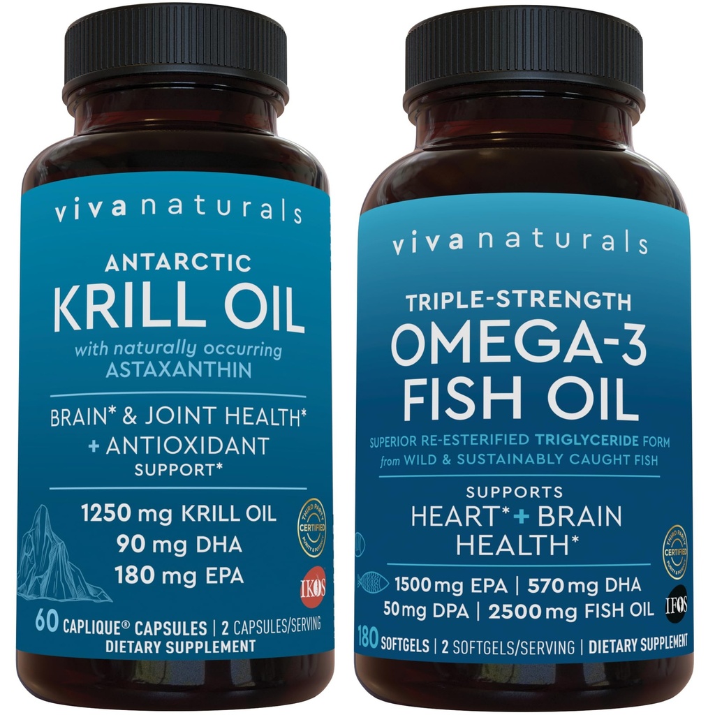 Viva Naturals 1250 mg Antarctic Krill Oil and 2,500 mg Triple-Strength Omega-3 Fish Oil Bundle, Providing Omega-3 EPA and DHA
