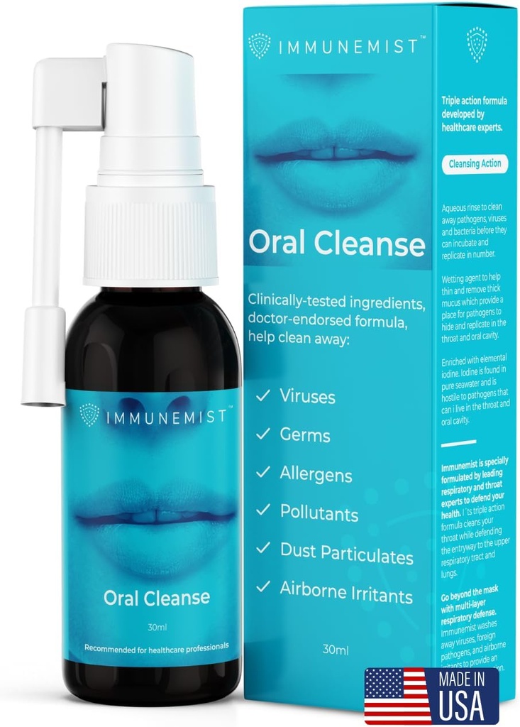 ImmuneMistTM Oral Cleanse - Iodine Throat Spray for Cold & Flu Relief - Oral Sore Throat Spray for Cough, Cleansing Against Bacteria, Germs, Viruses - Immune Support up to 250 Doses - Made in The USA